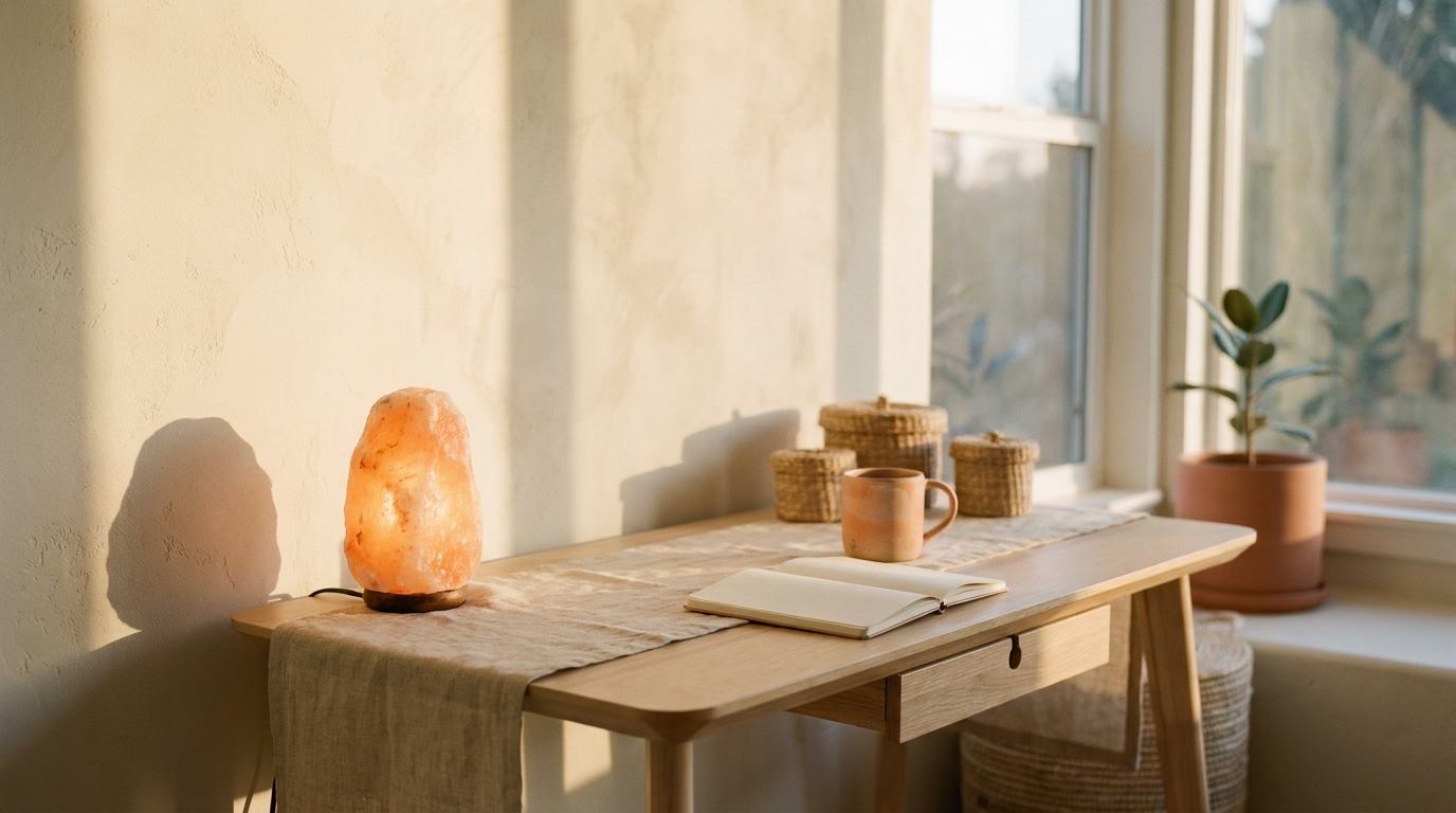 A calm workspace warmed by salt-lamp light
